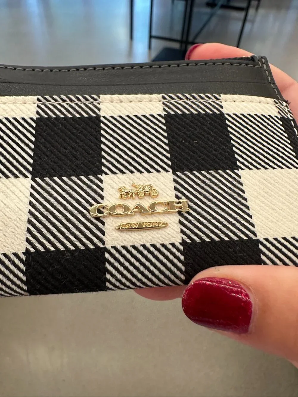 NWT! Coach CFA31 Mini Skinny ID Case With Gingham Print  & Charm In Black Multi